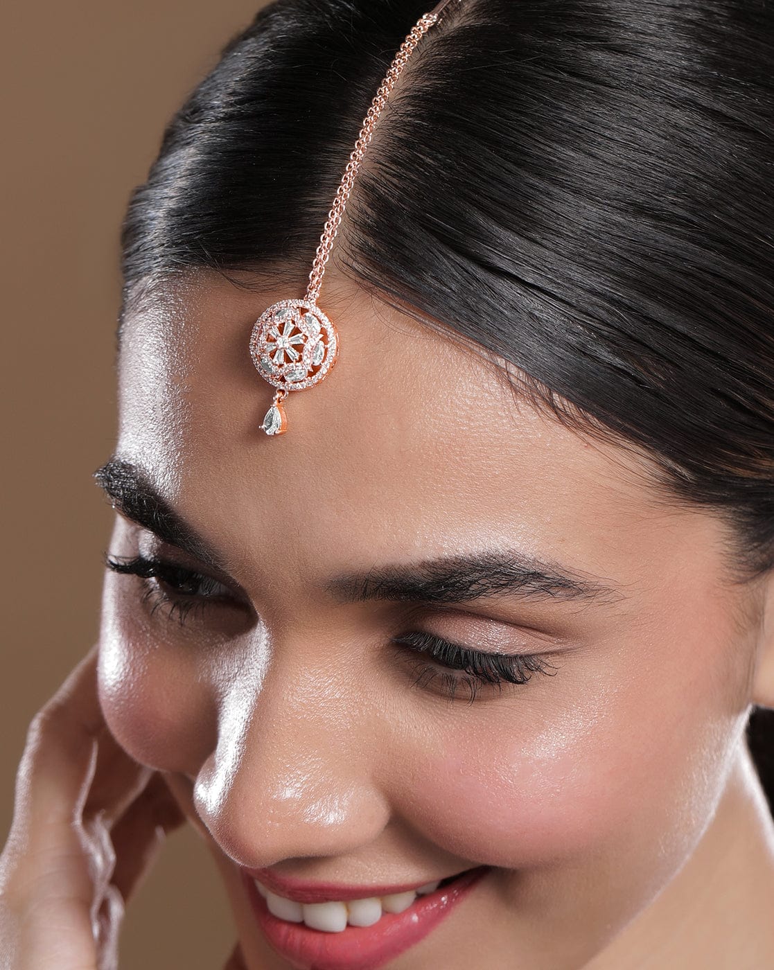 Rubans 18K Rose Gold-Plated White & Cubic Zirconia Studded Designer Maang Tikka