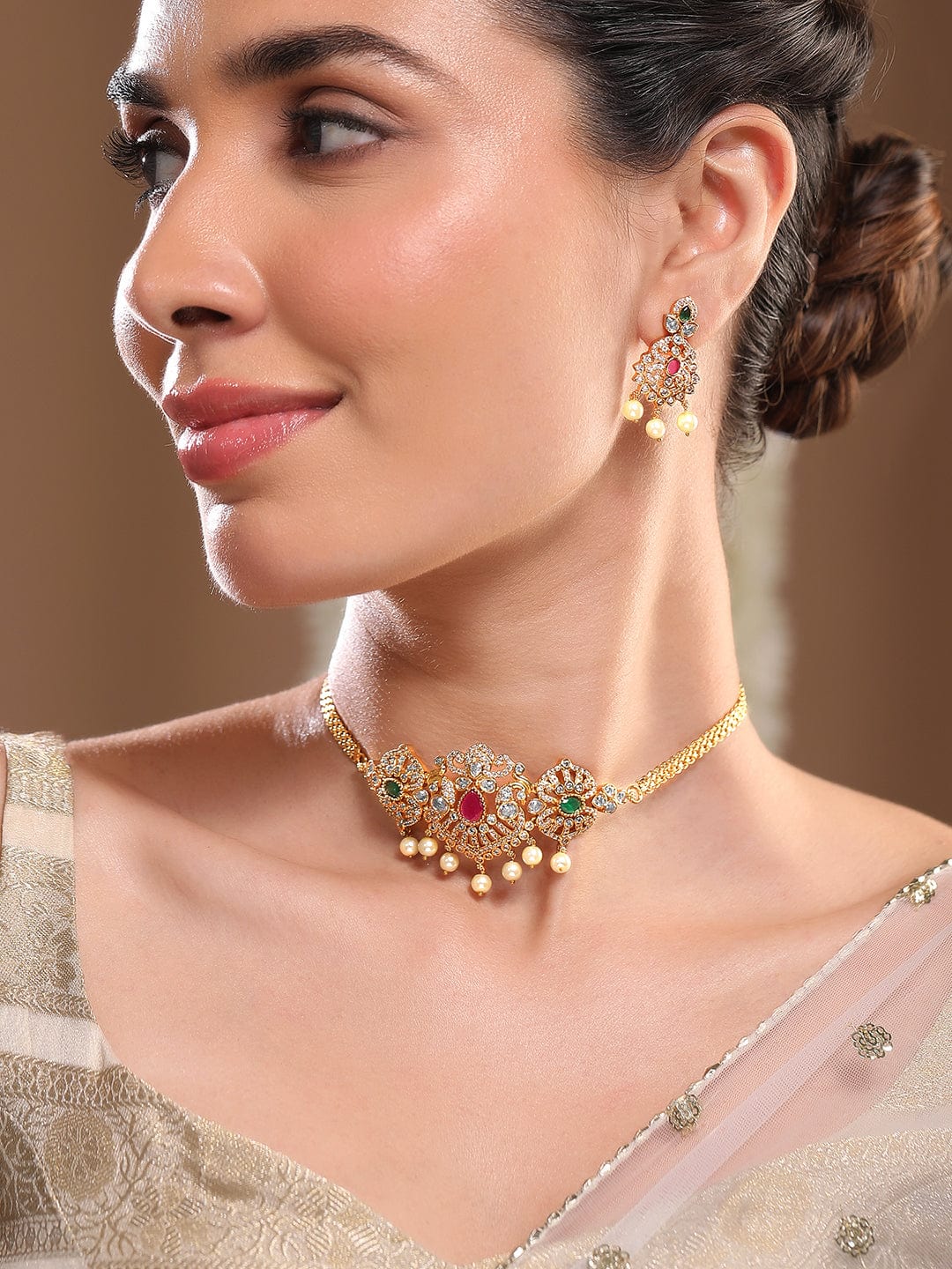 Red & White American Diamond Zirconia Necklace Set