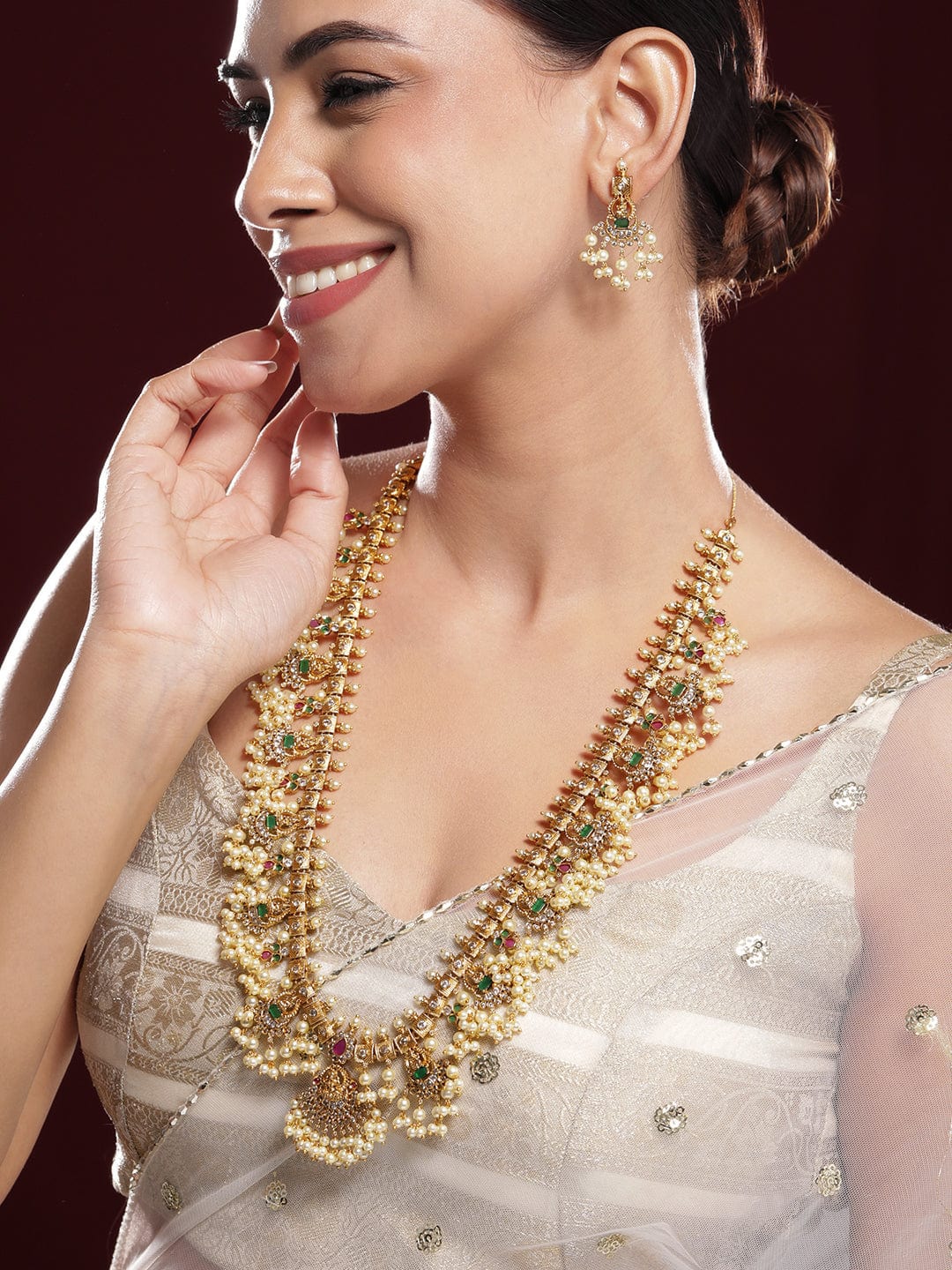 Pearl Beaded Temple Necklace Set
