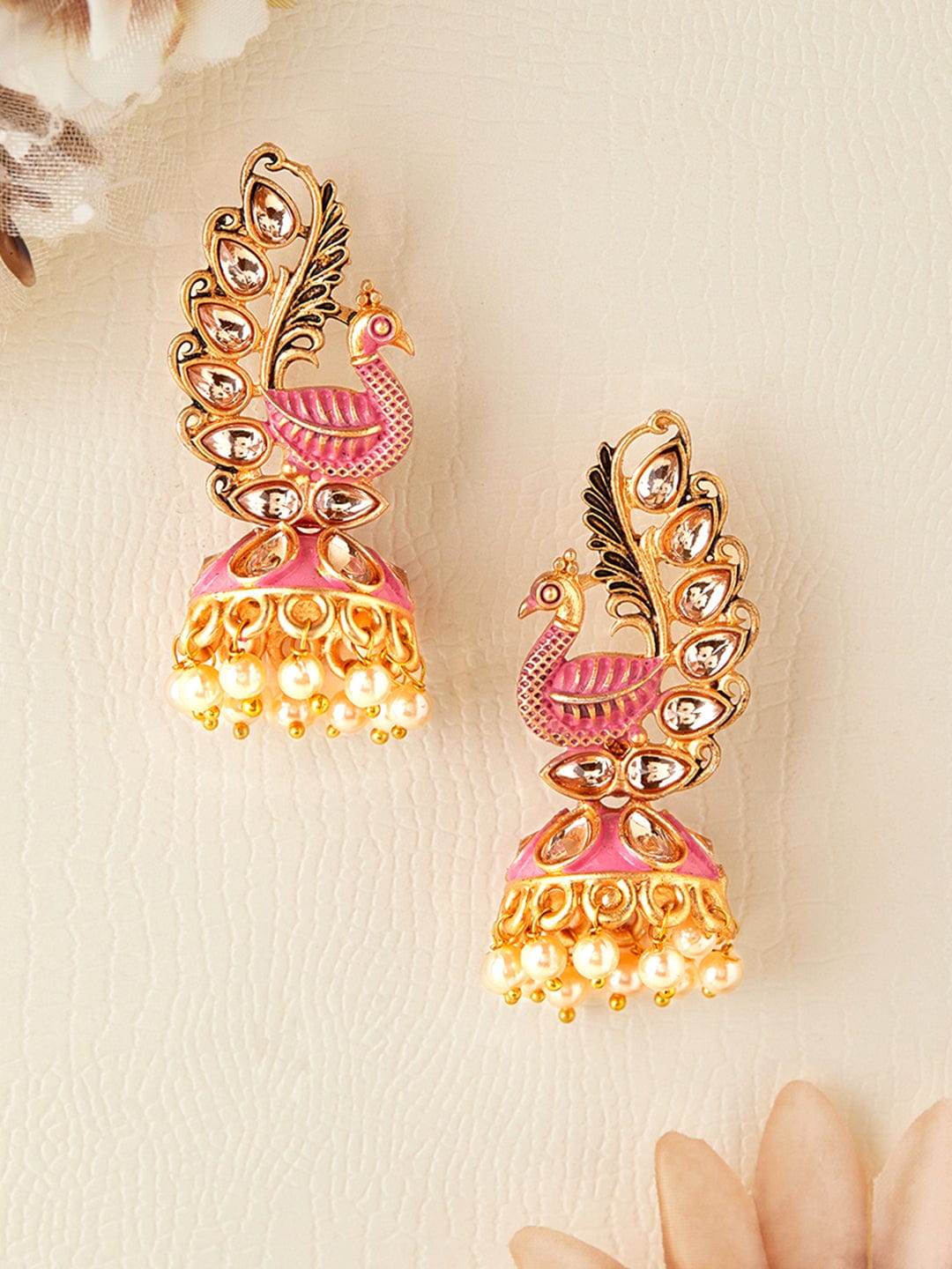 Rubans 22k Gold-Plated Handcrafted Kundan & Enamel Peacock Design Jhumka Earring