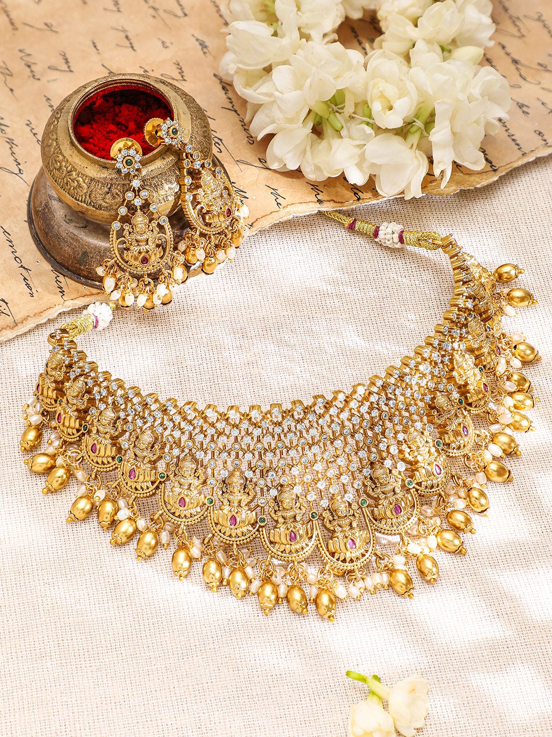 Laxmi Motif Choker Set with American Diamond Zirconia
