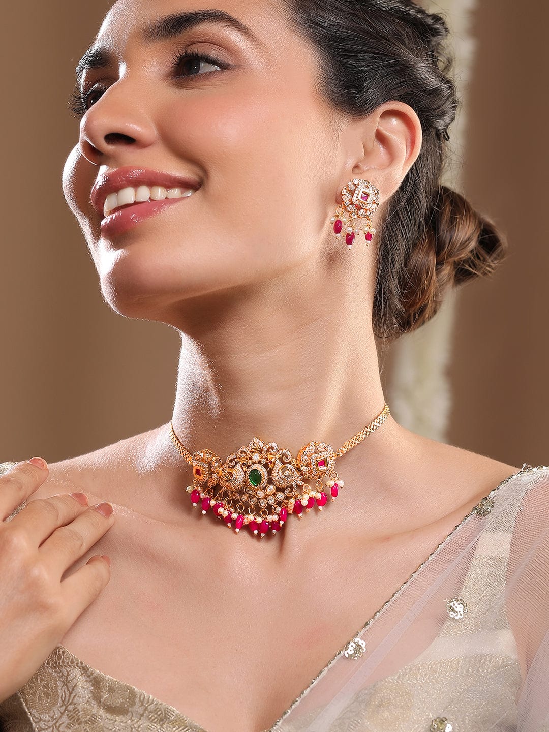 American Diamond Zirconia Red Beads Necklace Set