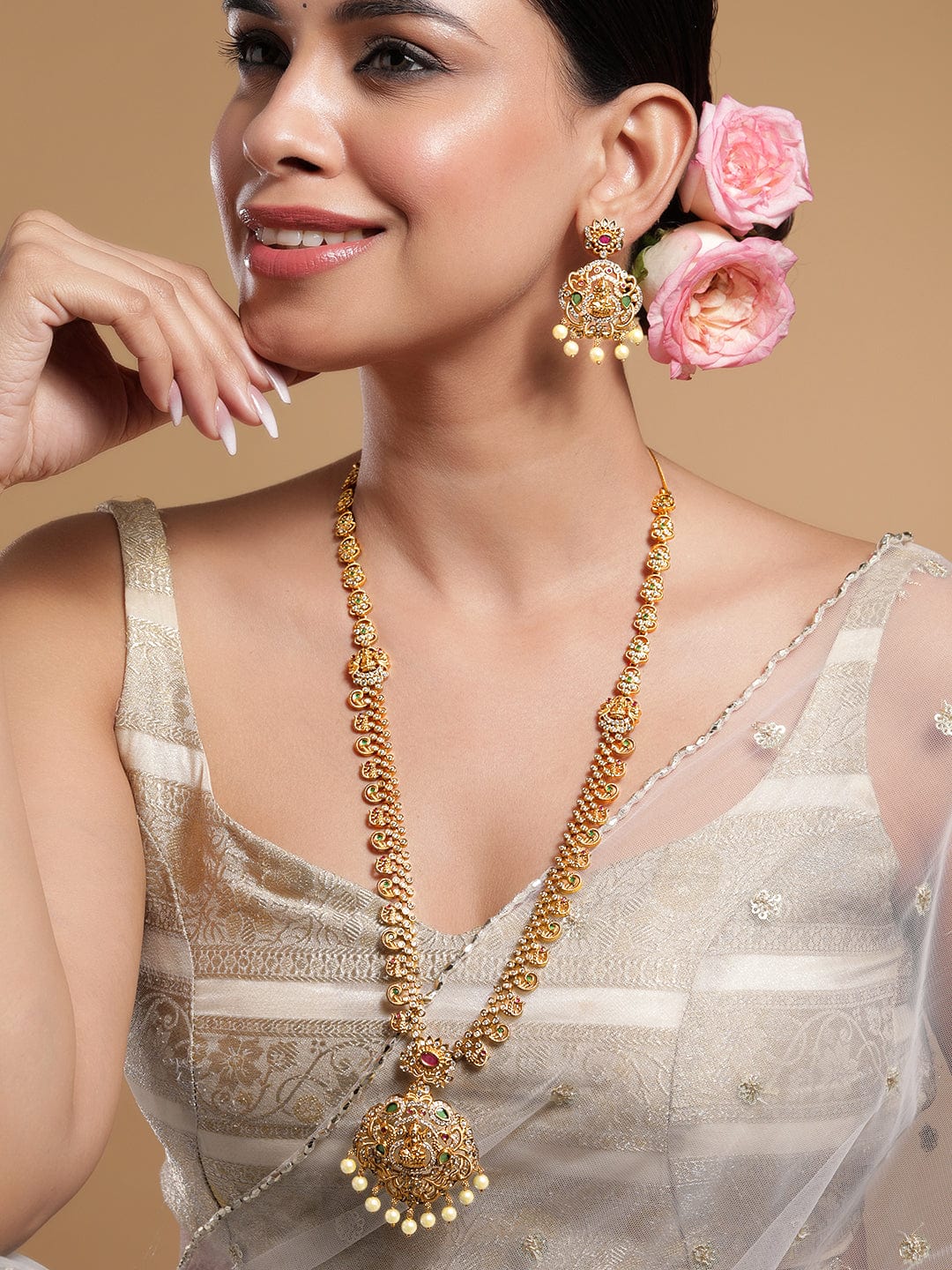 Gold Studded Temple Necklace Set