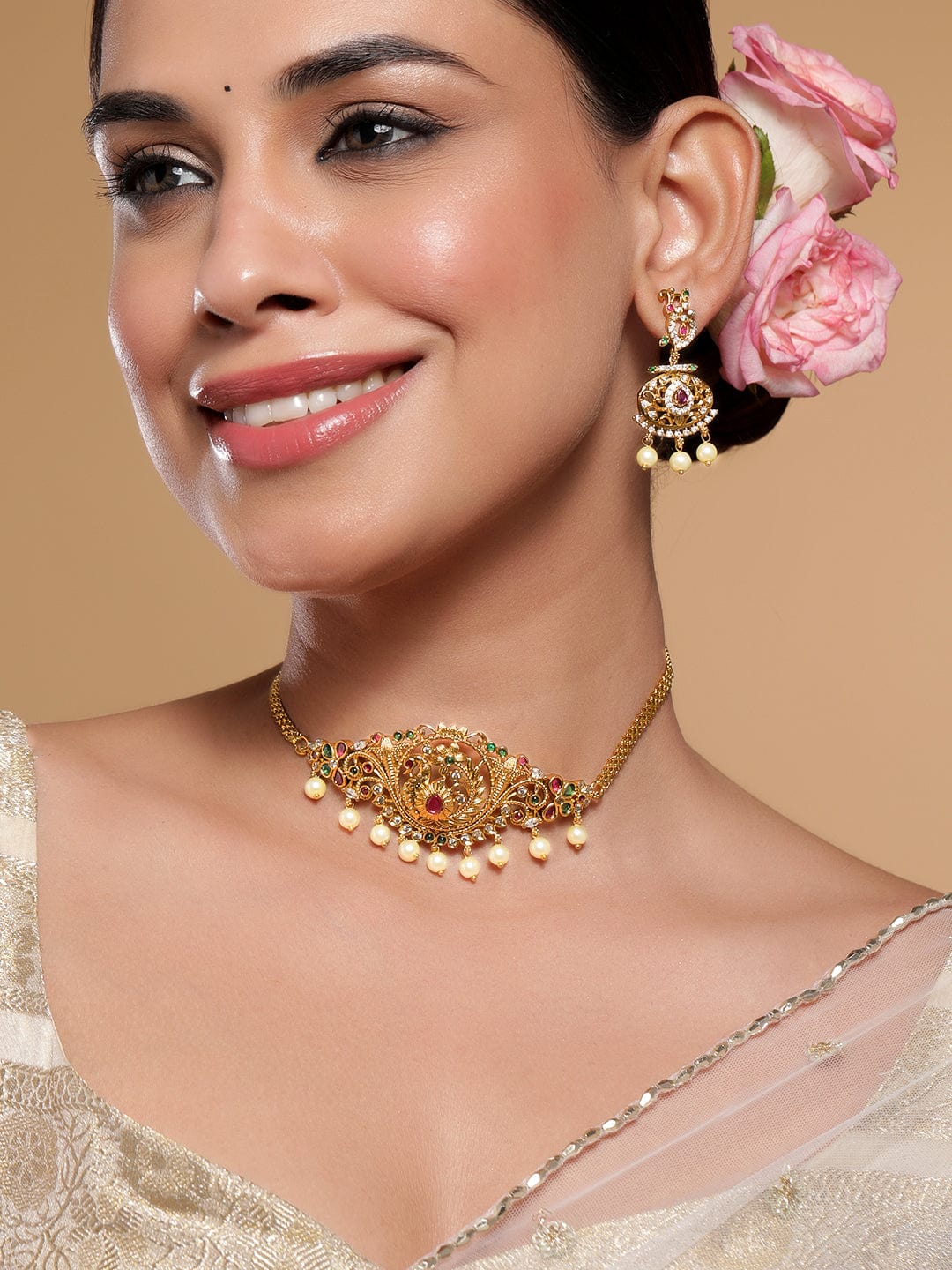Peacock Motif Multicolor Studded Necklace Set