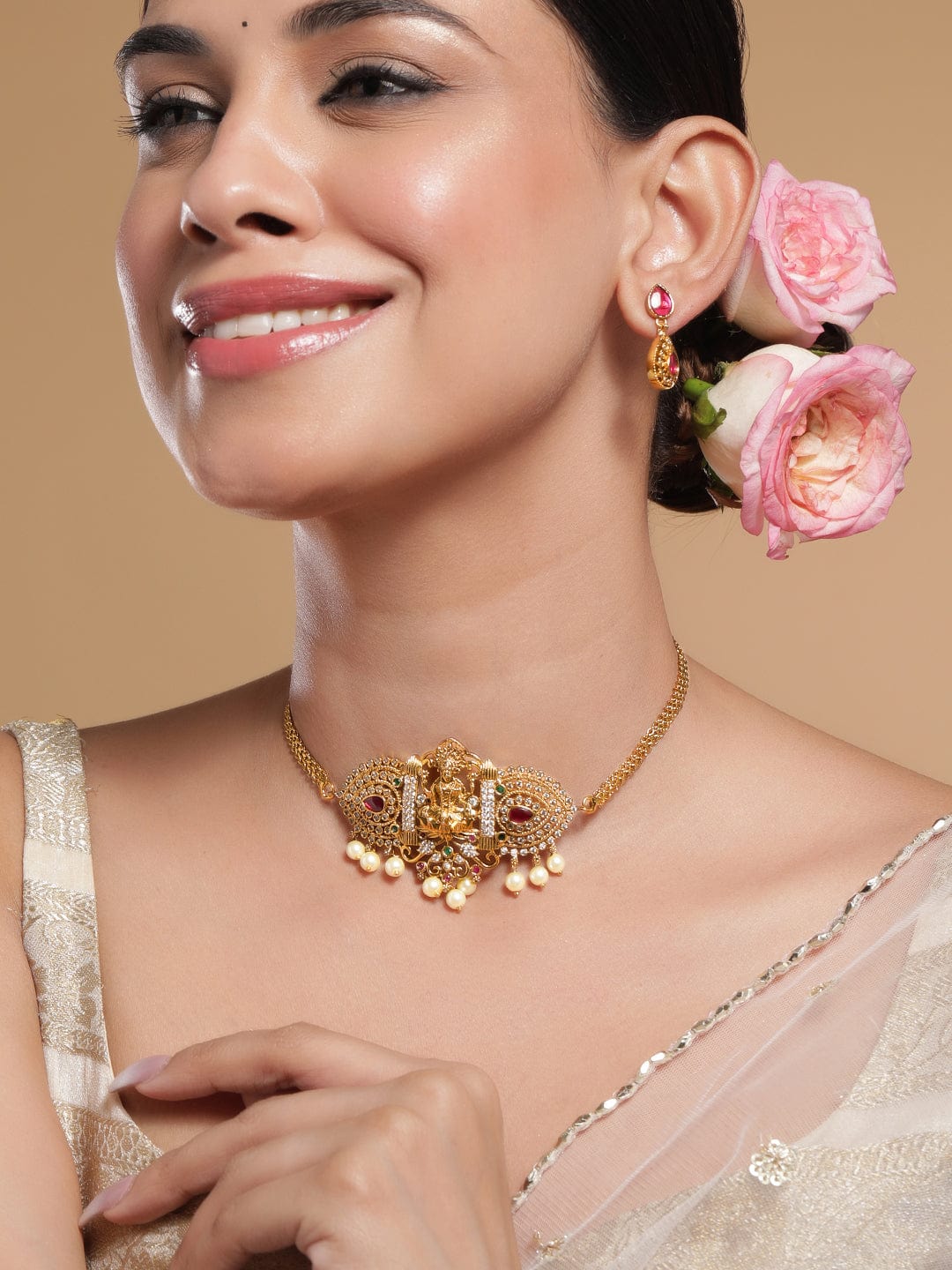 American Diamond Zirconia Pink Studded Temple Necklace Set