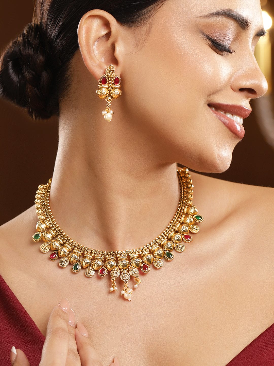 Red & Green Temple Gold Necklace Set