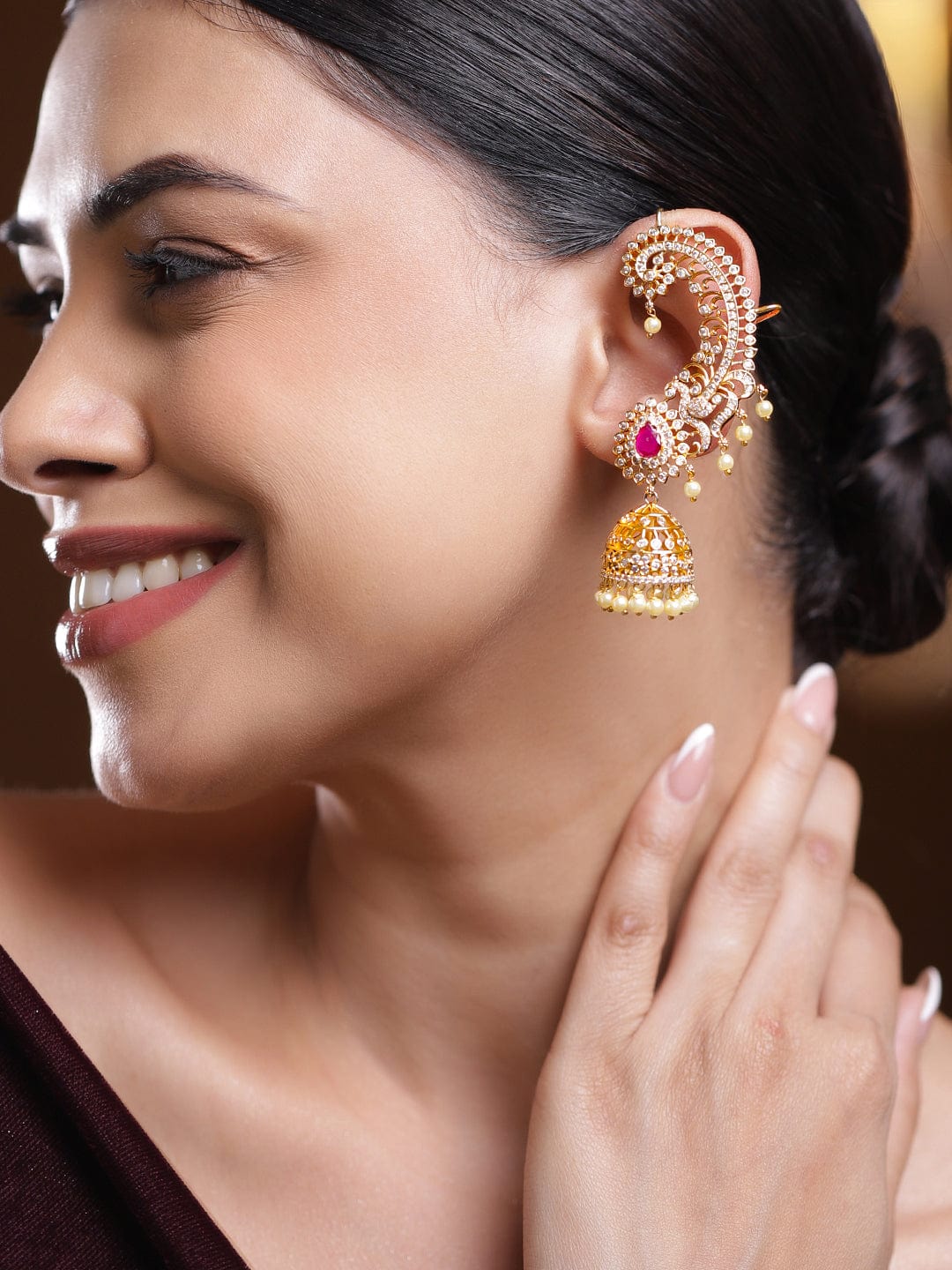 Festive Radiance Ruby Ear-Cuff Jhumkas
