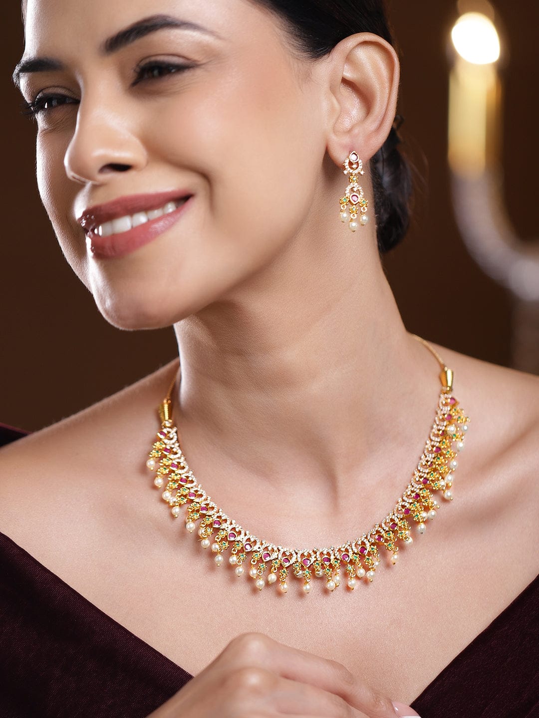 Multicolor Studded American Diamond Zirconia Pearl Necklace Set