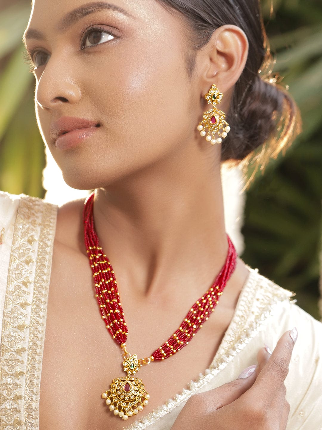 Red Multi-Strand Beaded Necklace Set