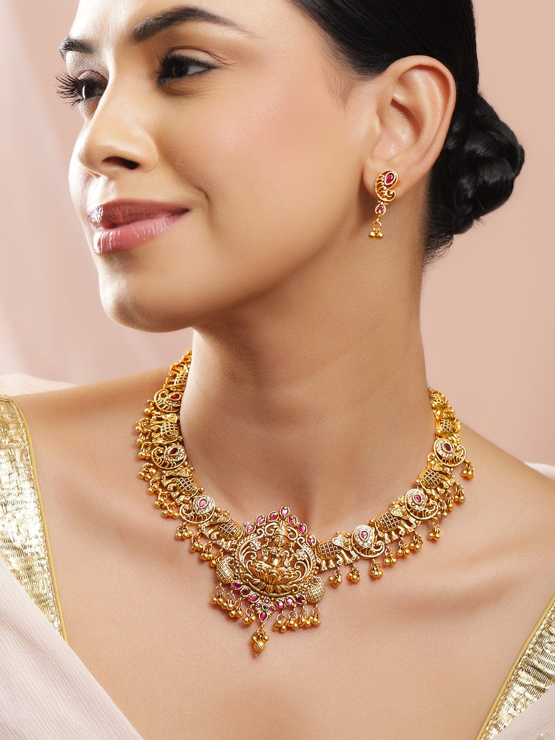 Lakshmi Motif Necklace Set with Red Ruby