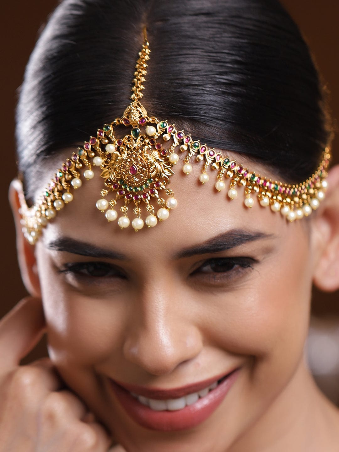Rubans 22K Gold-Plated Traditional Ruby Green Stone & Pearl Beaded Bridal Matha Patti