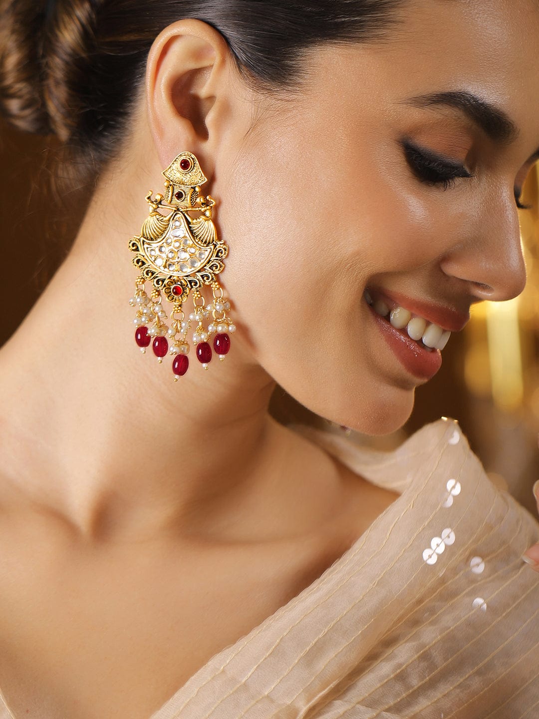Red Aura Chandbali Earrings