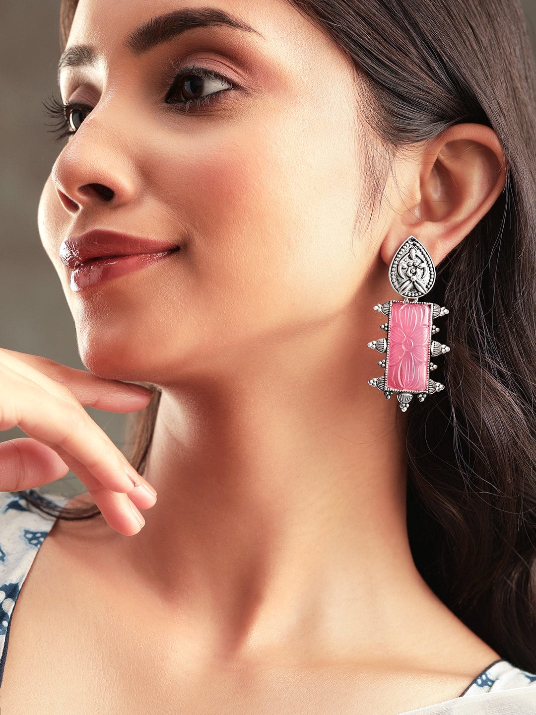 Pink Studded Oxidised Drop Earrings