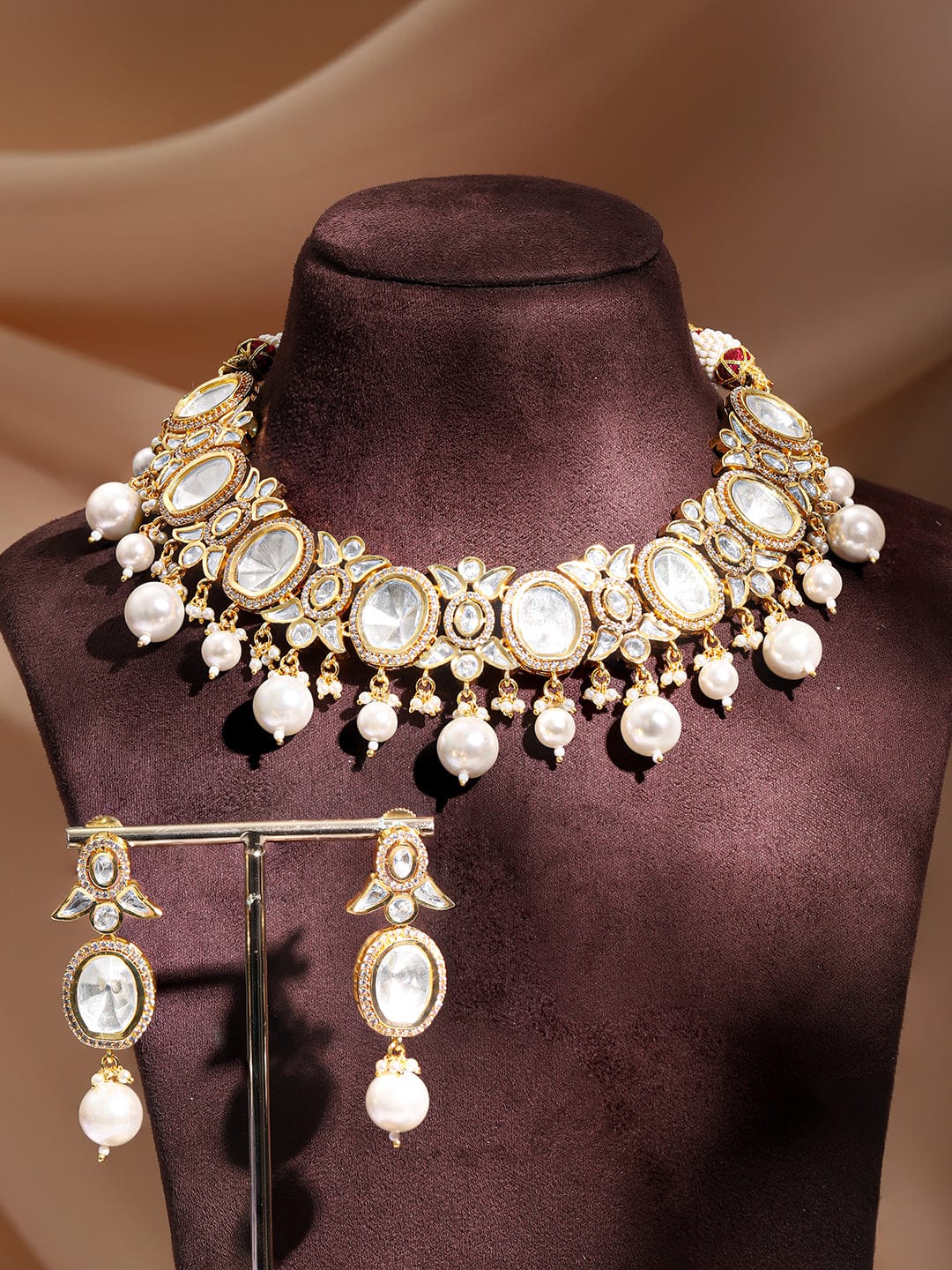 Rubans Gold Plated Polki Necklace Set with Pearl