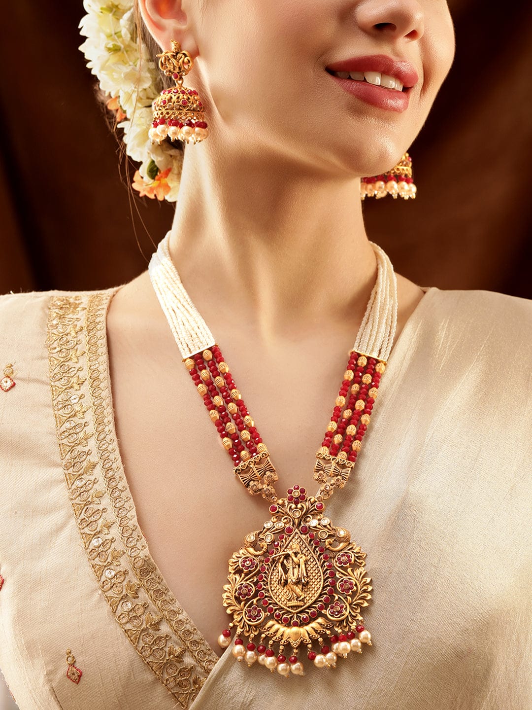 Lord Shri Krisha Majestic Temple Red Necklace Set