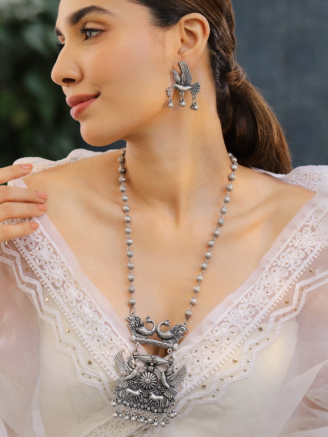 Oxidised Bird and Deer Motif Necklace Set