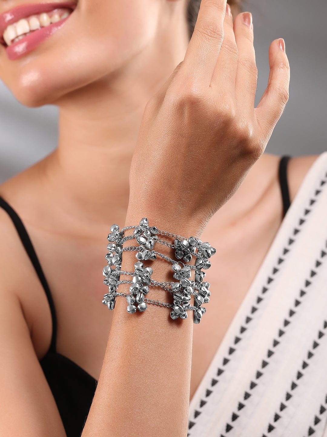 Rubans Oxidised Silver-Plated Multi-Layered Chain Bracelet with Silver Bells