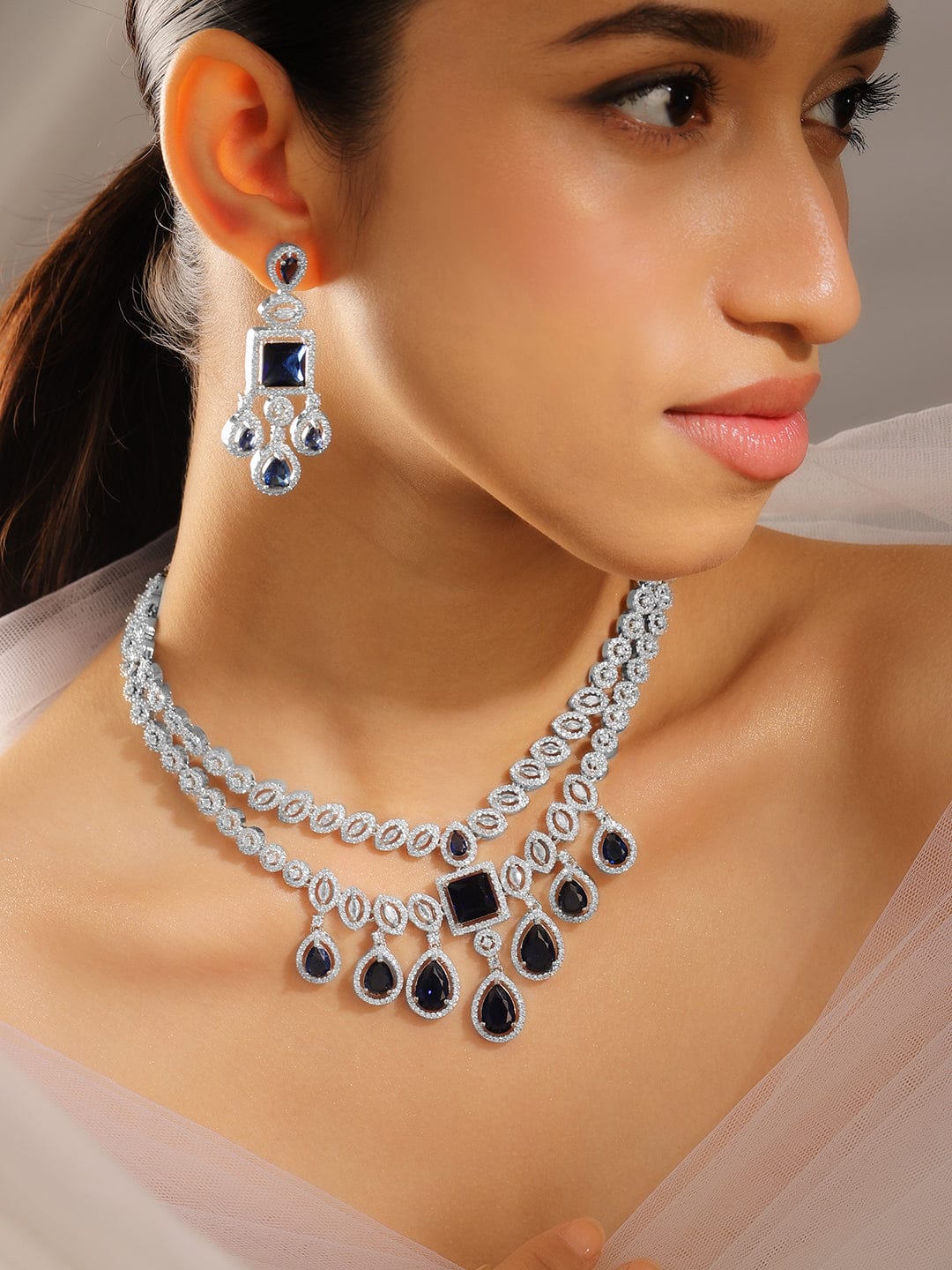 Blue American Diamond Zirconia Two-Layered Necklace Set