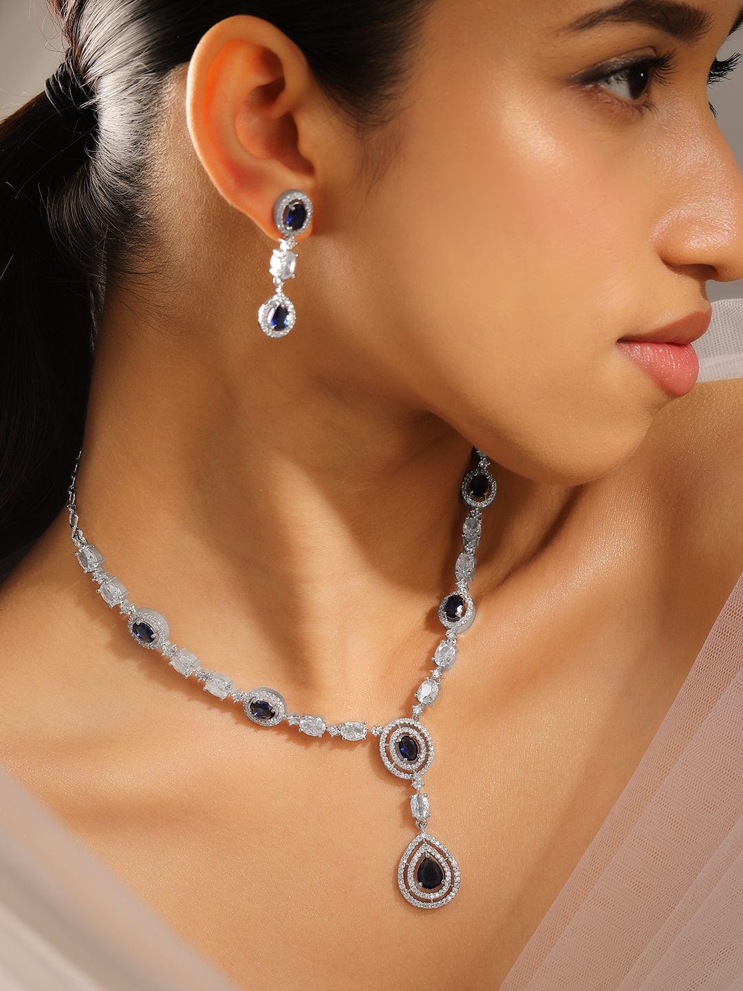 Blue American Diamond Zirconia Layered Necklace Set