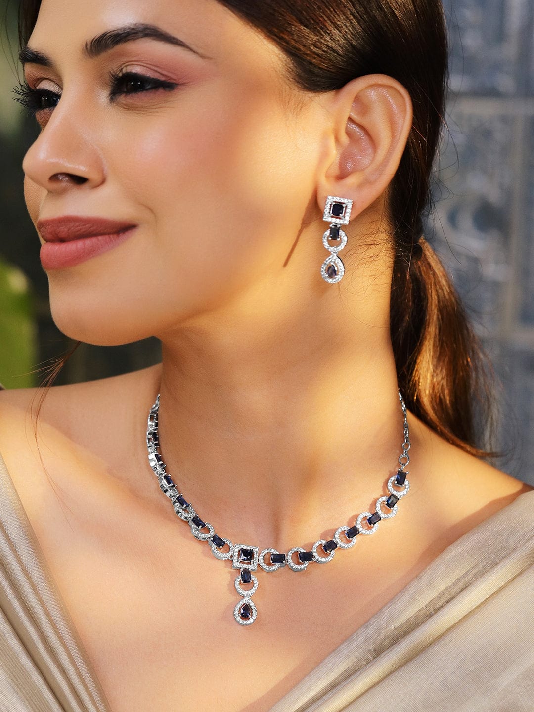 Studded American Diamond Zirconia Blue Necklace Set