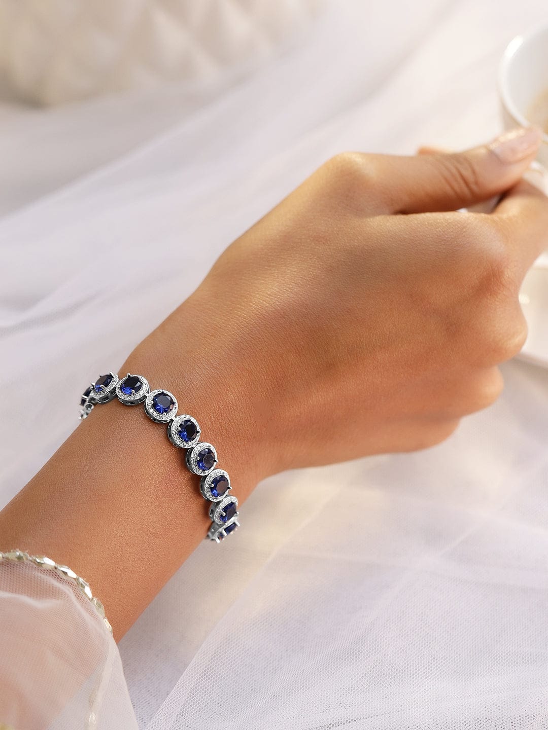 Rubans Rhodium-Plated Blue Sapphire & Cubic Zirconia Studded Tennis Bracelet
