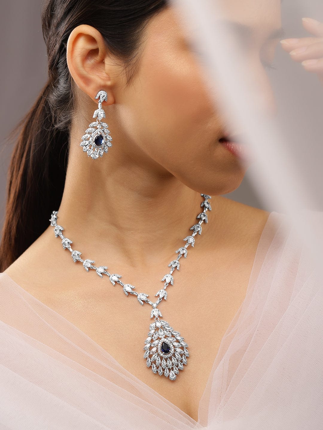 Blue Teardrop Necklace Set with American Diamond Zirconia