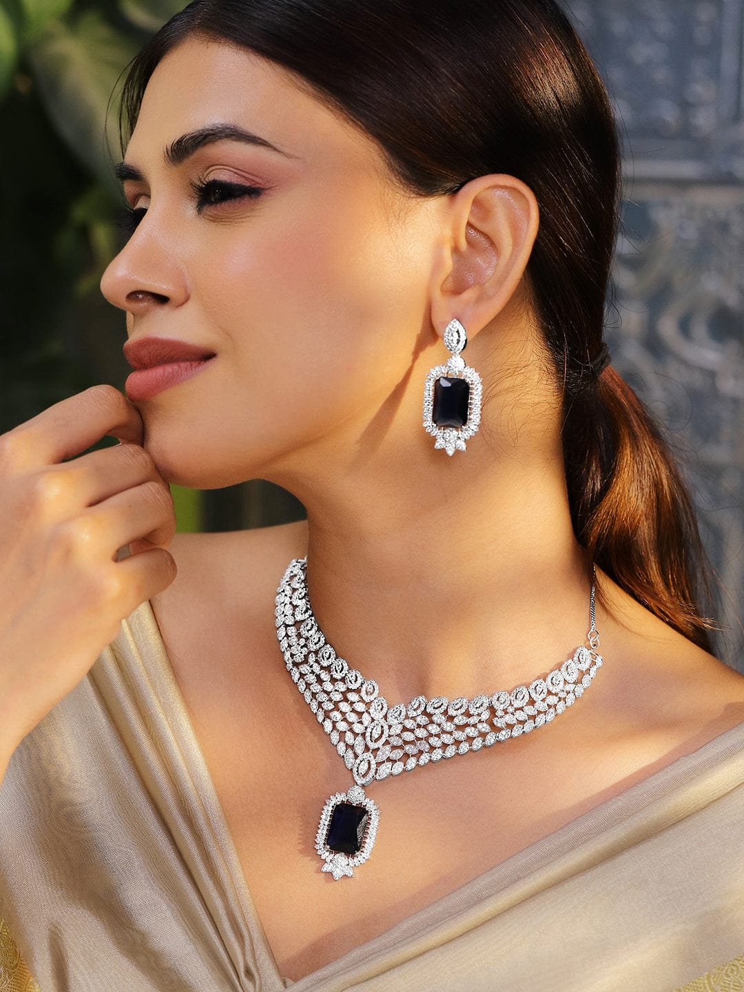 Blue American Diamond Zirconia Short Necklace Set