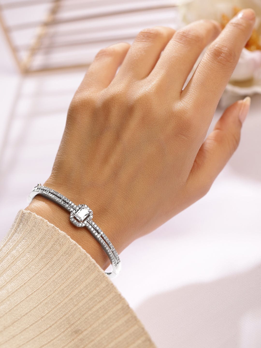 Rubans Rhodium-Plated Cubic Zirconia Dual Band Openable Bracelet â€“ Statement Jewelry