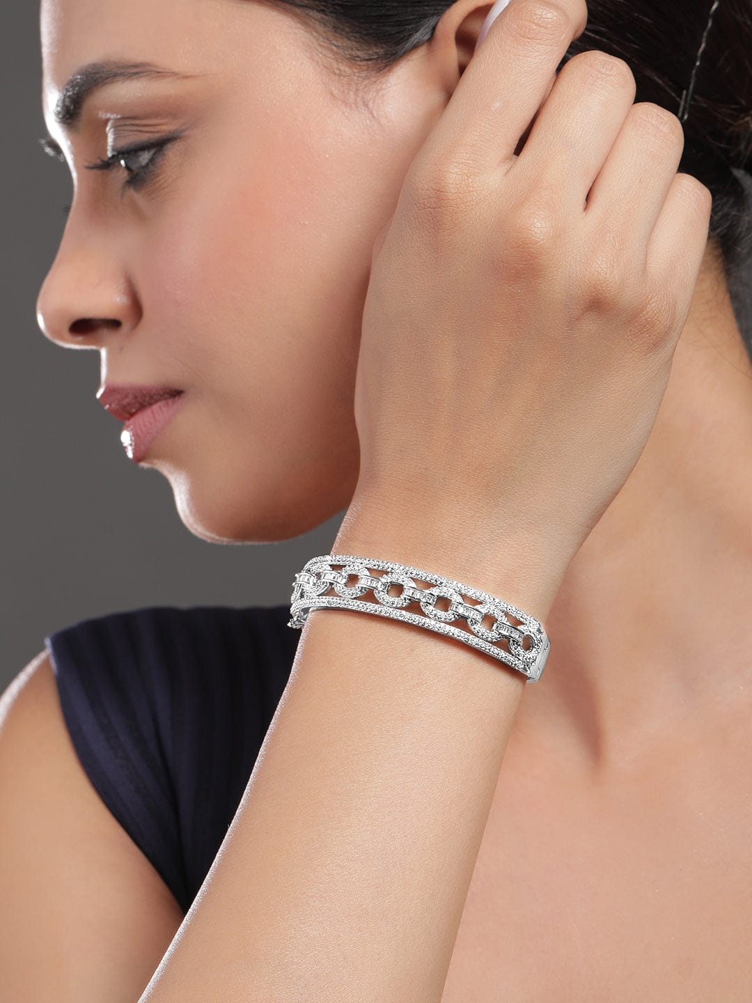 Rubans Rhodium Plated Cubic Zirconia Studded Chain Link Design Premium Openable Bracelet