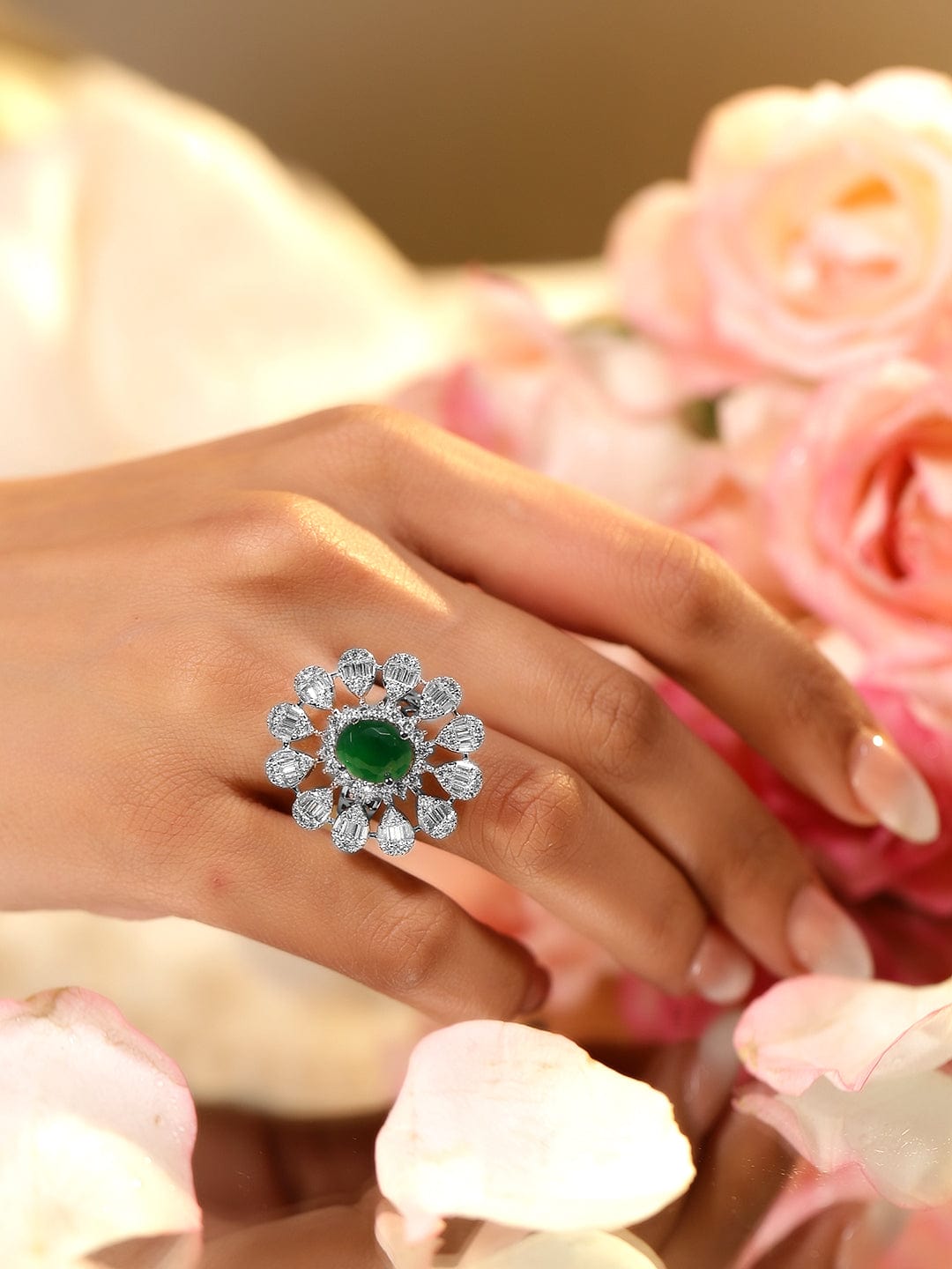 American Diamond Zirconia Green Floral Ring