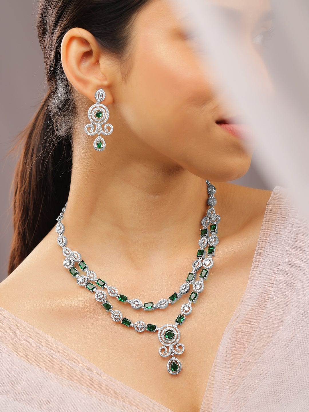 American Diamond Zirconia Green Necklace Set