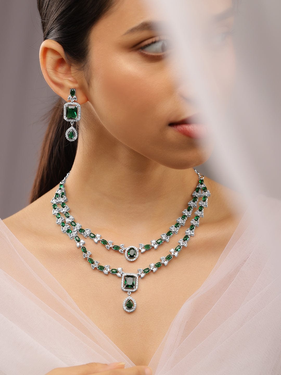 American Diamond Zirconia Green Layered Necklace Set