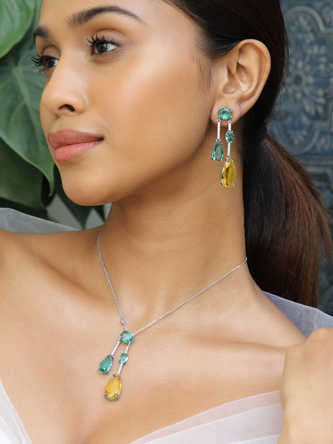 Emerald Green & Yellow American Diamond Zirconia Contemporary Necklace Set