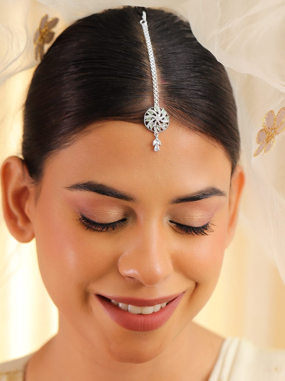 Rubans Rhodium-Plated Pastel Green and White Cubic Zirconia Maang Tikka