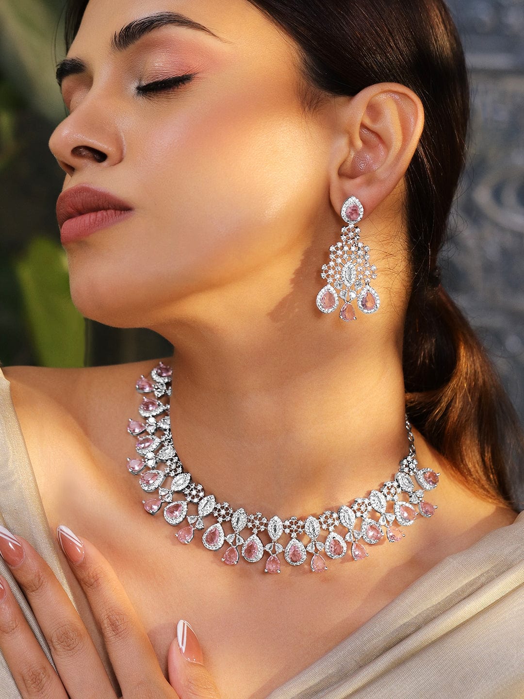 American Diamond Zirconia Pink Studded Necklace Set