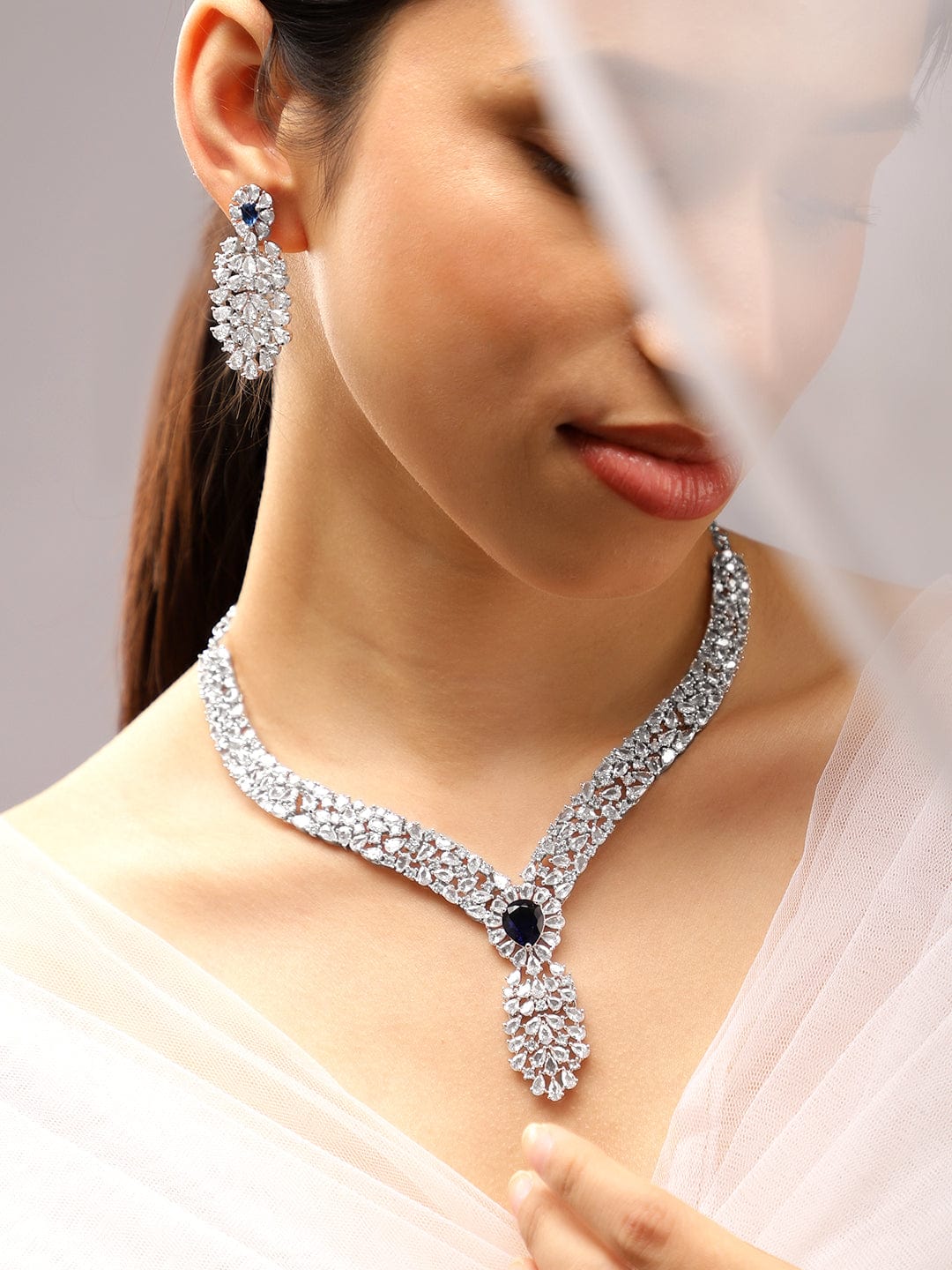 American Diamond Zirconia Blue Accented Necklace Set