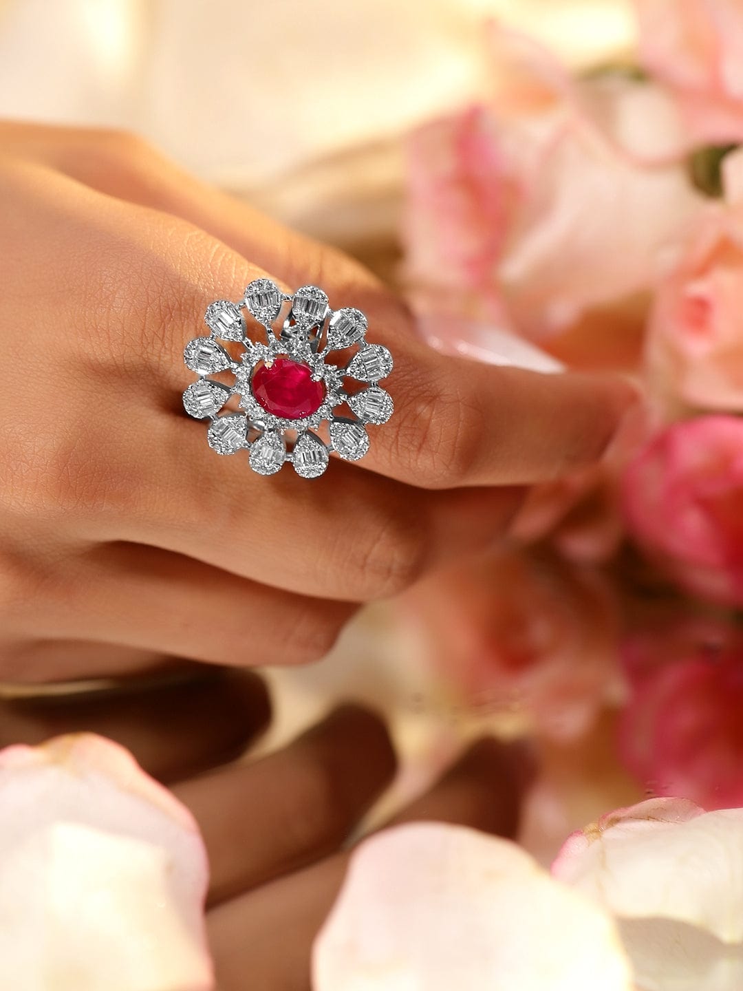 Red American Diamond Zirconia Floral Ring