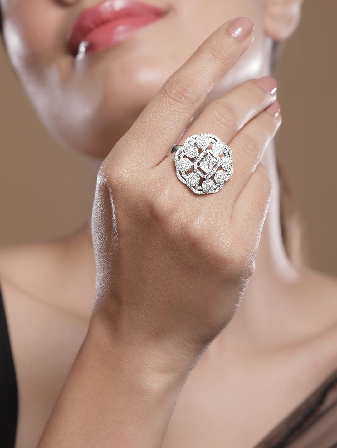 American Diamond Zirconia Studded Statement Ring