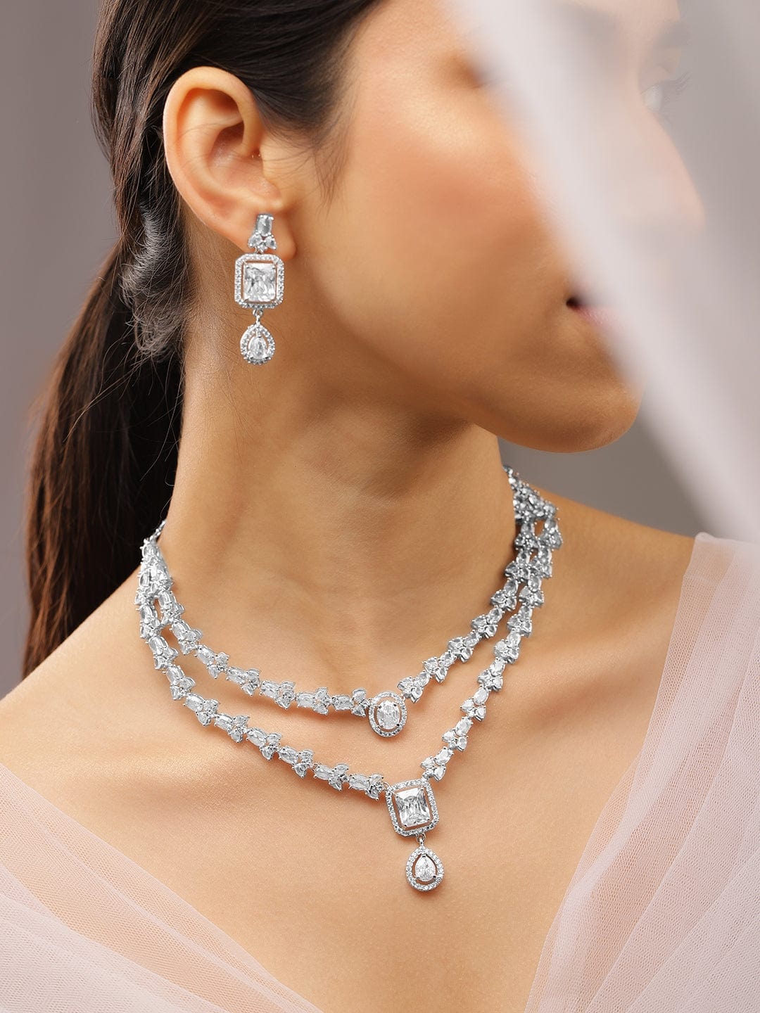 American Diamond Zirconia Layered Necklace Set
