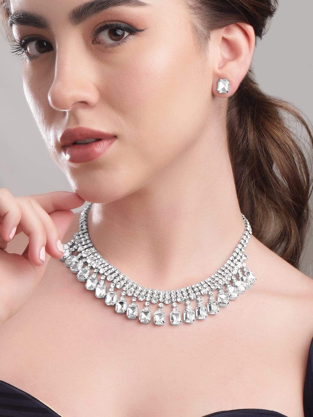 Silver Toned Cubic Drops Necklace Set