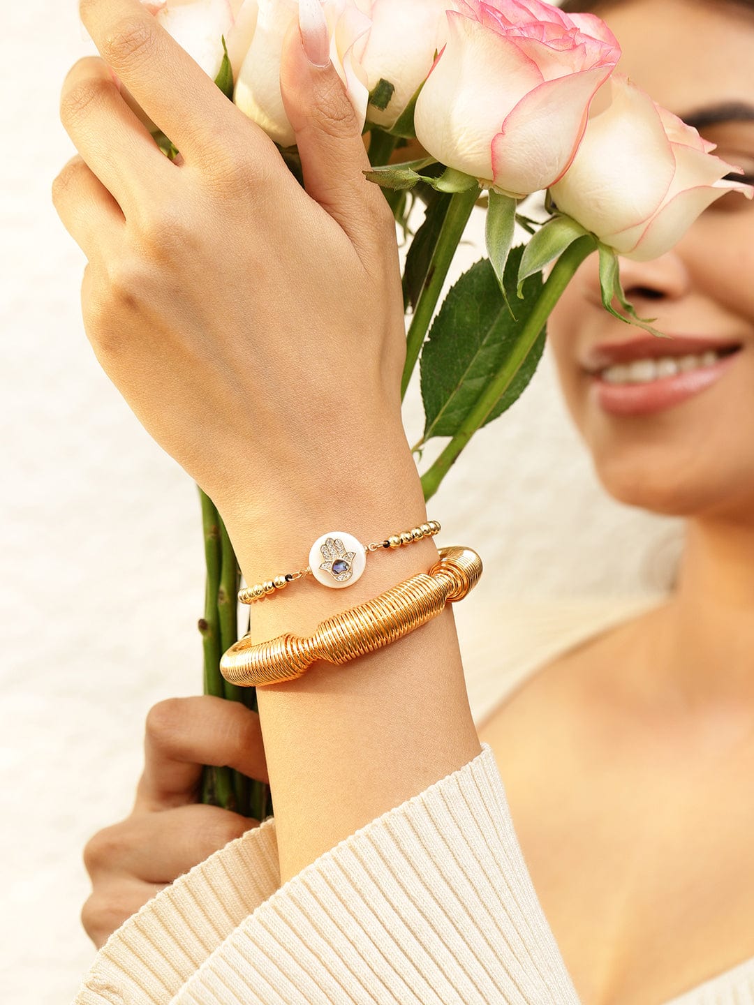 Hand Motif & Textured Gold Bracelet Set