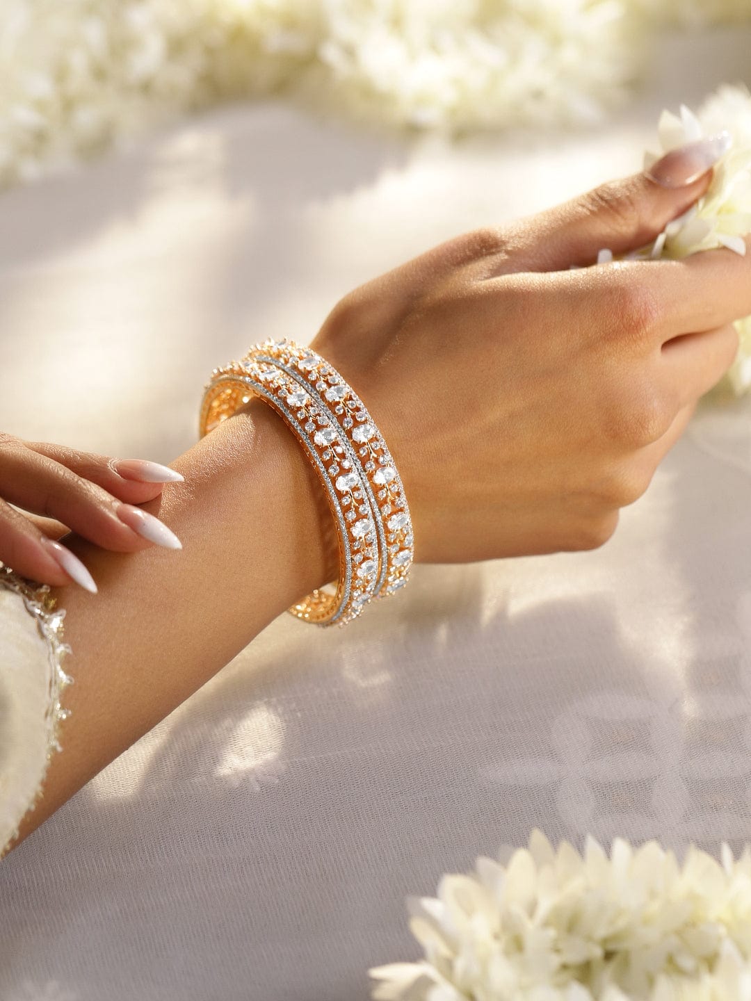 Rubans Set of 2, 22K Gold-Plated Dual-Tone Cubic Zirconia Studded Handcrafted Premium Bangles