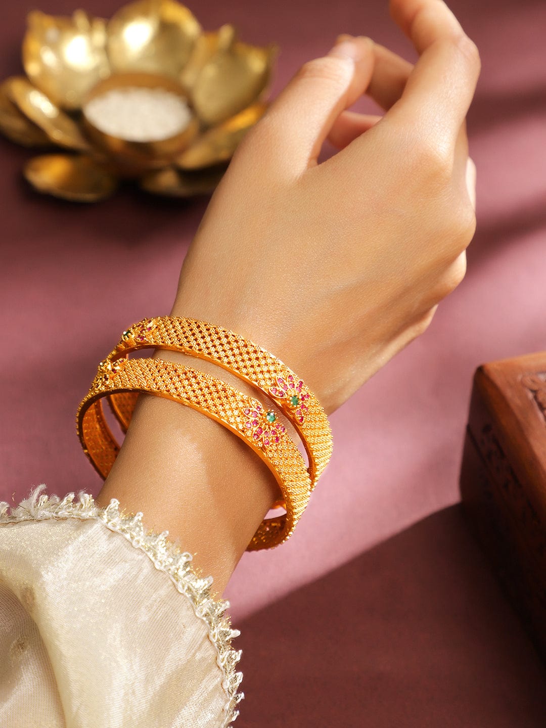 Rubans Set of 2 22K Gold Plated Ruby Pink & Emerald Green Stone Studded Bangles