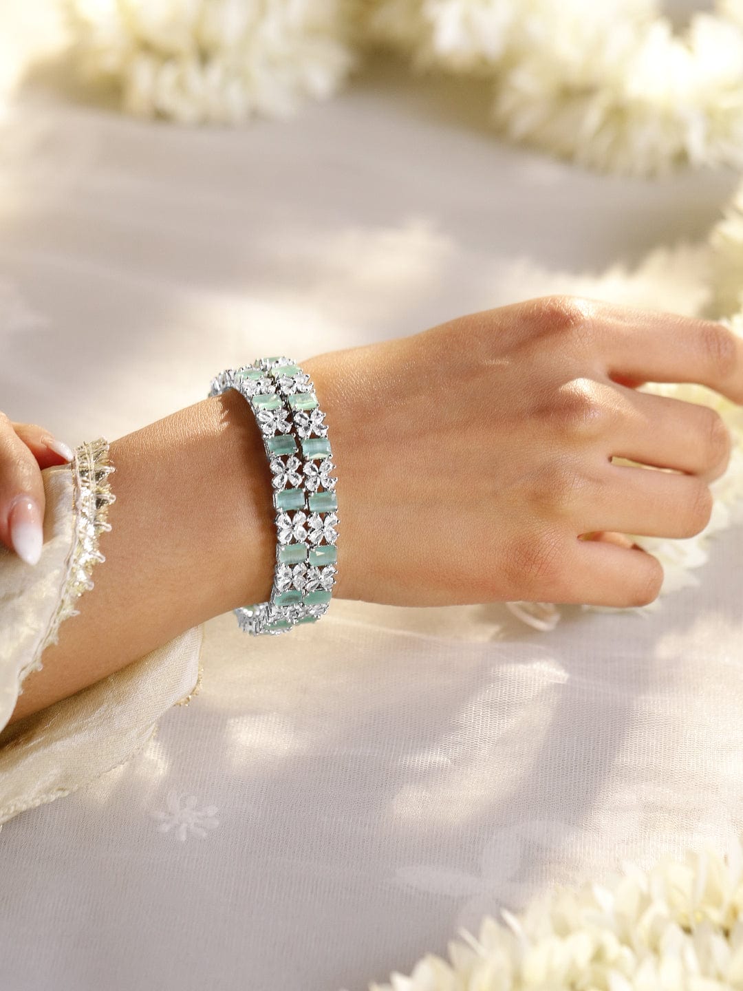 Rubans Set of 2 Rhodium-Plated Bangles with Mint Green Stones & Cubic Zirconia