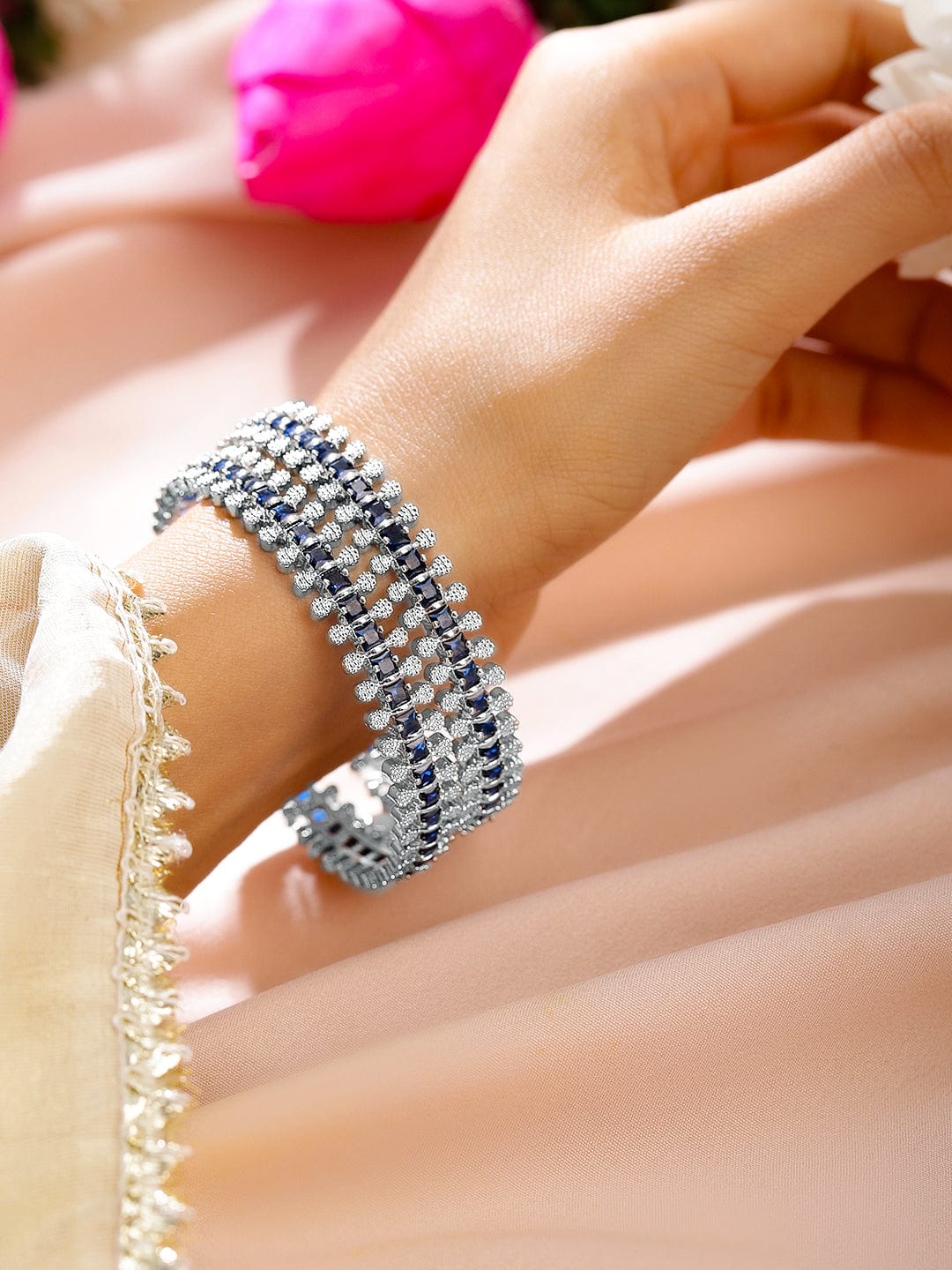 Rubans Set of 2 Rhodium-Plated Blue & White Cubic Zirconia Studded Handcrafted Luxe Bangles for Women
