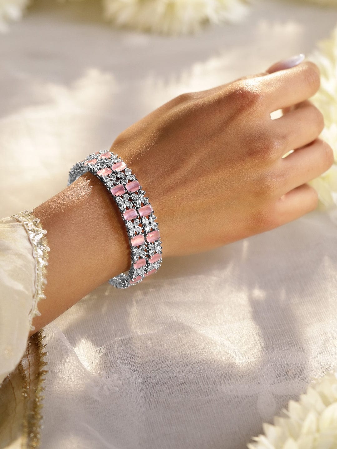 Rubans Set of 2 Rhodium-Plated Pastel Pink & White Cubic Zirconia Studded Bangles