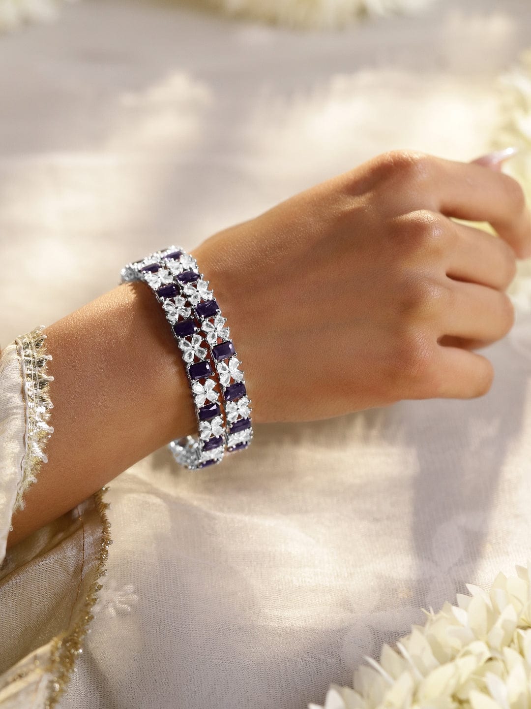 Rubans Set Of 2 Rhodium-Plated Sapphire & CZ Studded Bangles