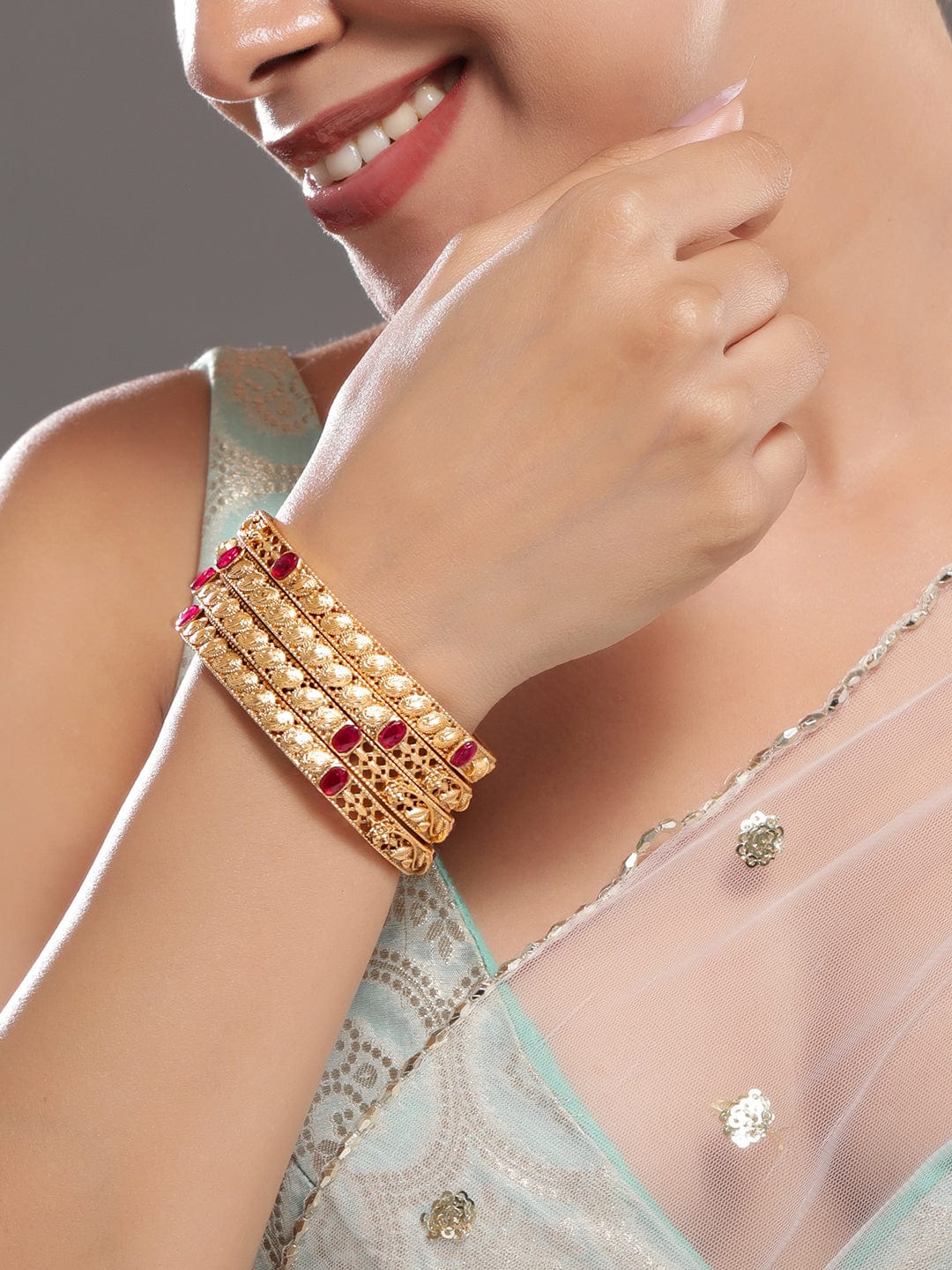 Rubans Set of 4 22K Gold-Plated Ruby Pink Stone Studded Filigree Traditional Bangles