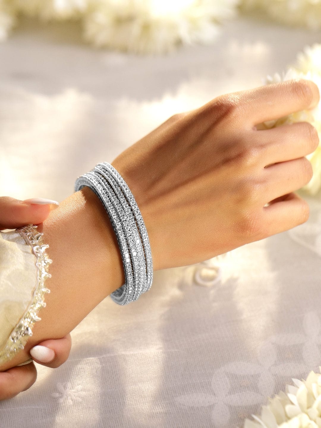 Rubans Set of 4 Rhodium-Plated Cubic Zirconia Studded Premium Handcrafted Bangles