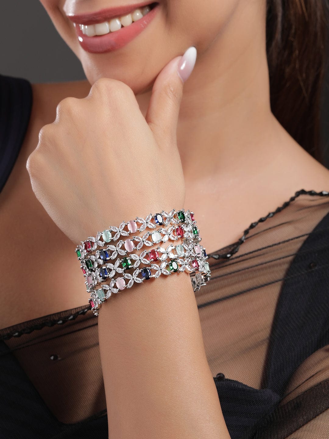 Rubans Set of 4 Rhodium-Plated Multicolor AD & CubicZirconia Studded Floral Design Bangles